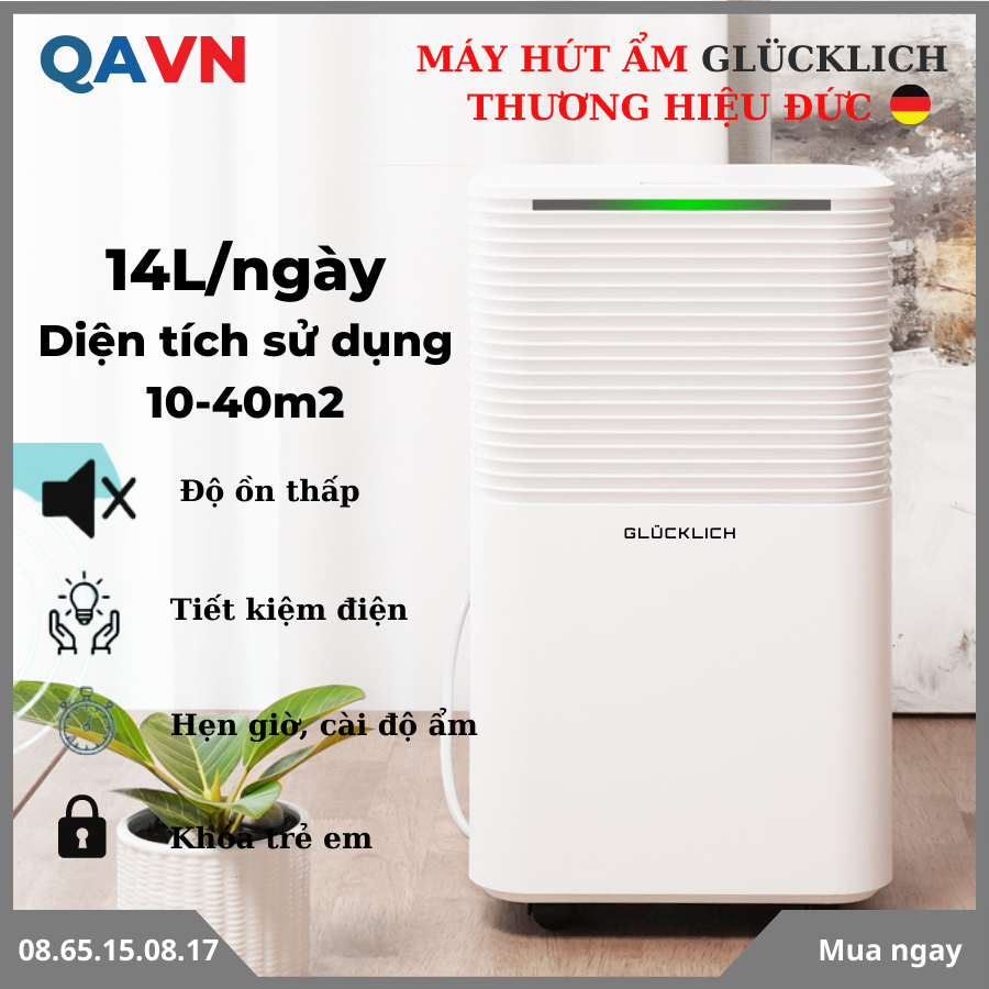 Máy hút ẩm thương hiệu glucklich thương hiệu đức- khả năng hút 14 lít nước/ngày- hệ máy nén bền bỉ cao cấp chất lượng- bảo hành 1 năm glücklich for happy life