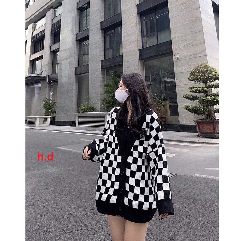 Áo khoác nhẹ cardigan cúc cài kẻ ô bàn cờ trẻ trung cá tính/ Áo khoác nữ mặc thu đông phom rộng thời trang unisex