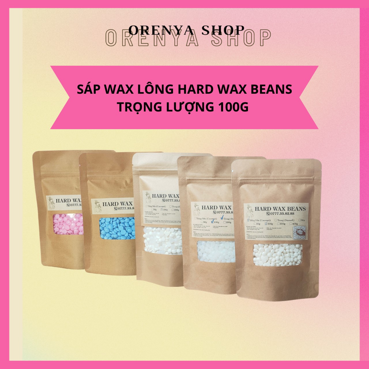 Sáp wax lông hard wax beans sáp dừa, sáp trong, mix 50g, 100g, 200g, 400g
