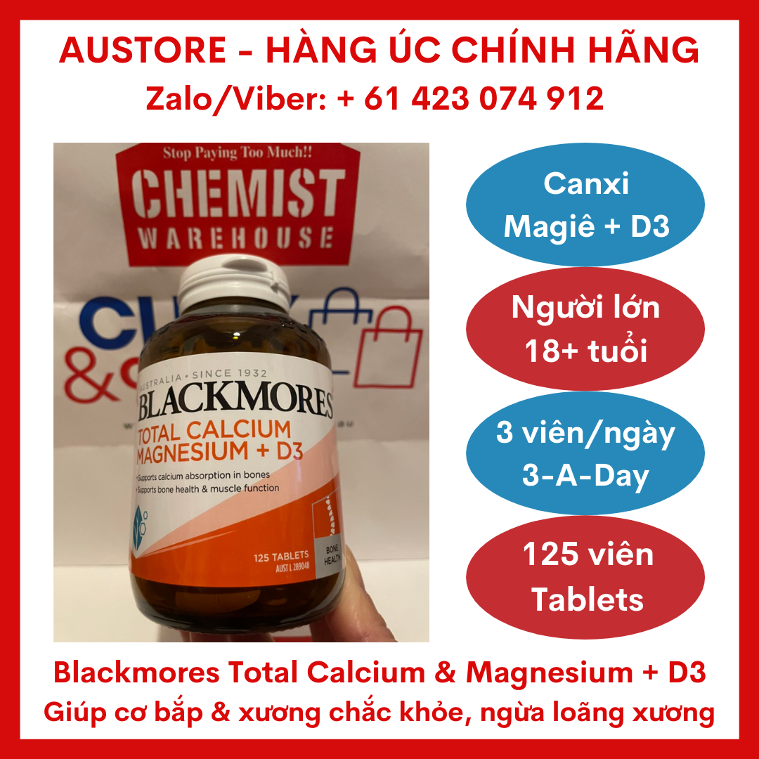 [Bill Úc, Date mới] Blackmores Total Calcium & Magnesium + D3 125 Tablets - Viên uống bổ sung Canxi Magie + D3 Blackmore giúp cơ bắp và xương chắc khỏe, phòng chống loãng xương