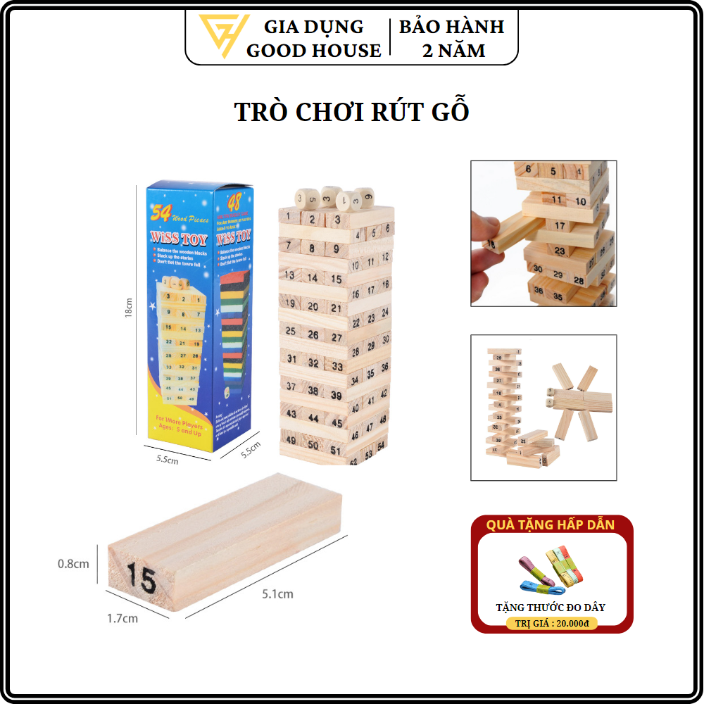 Bộ đồ chơi rút gỗ Trò chơi trí tuệ  - Dành cho cả bé trai và gái thông minh - 54 thanh, kèm 4 con súc sắc