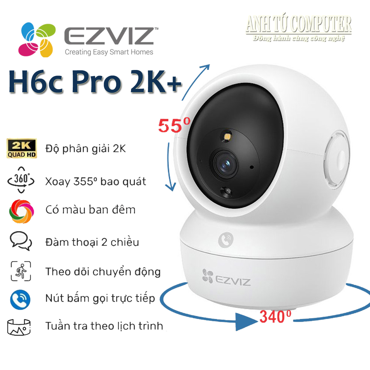 Camera wifi 4mp quay quét thông minh ezviz h6c pro 2k+