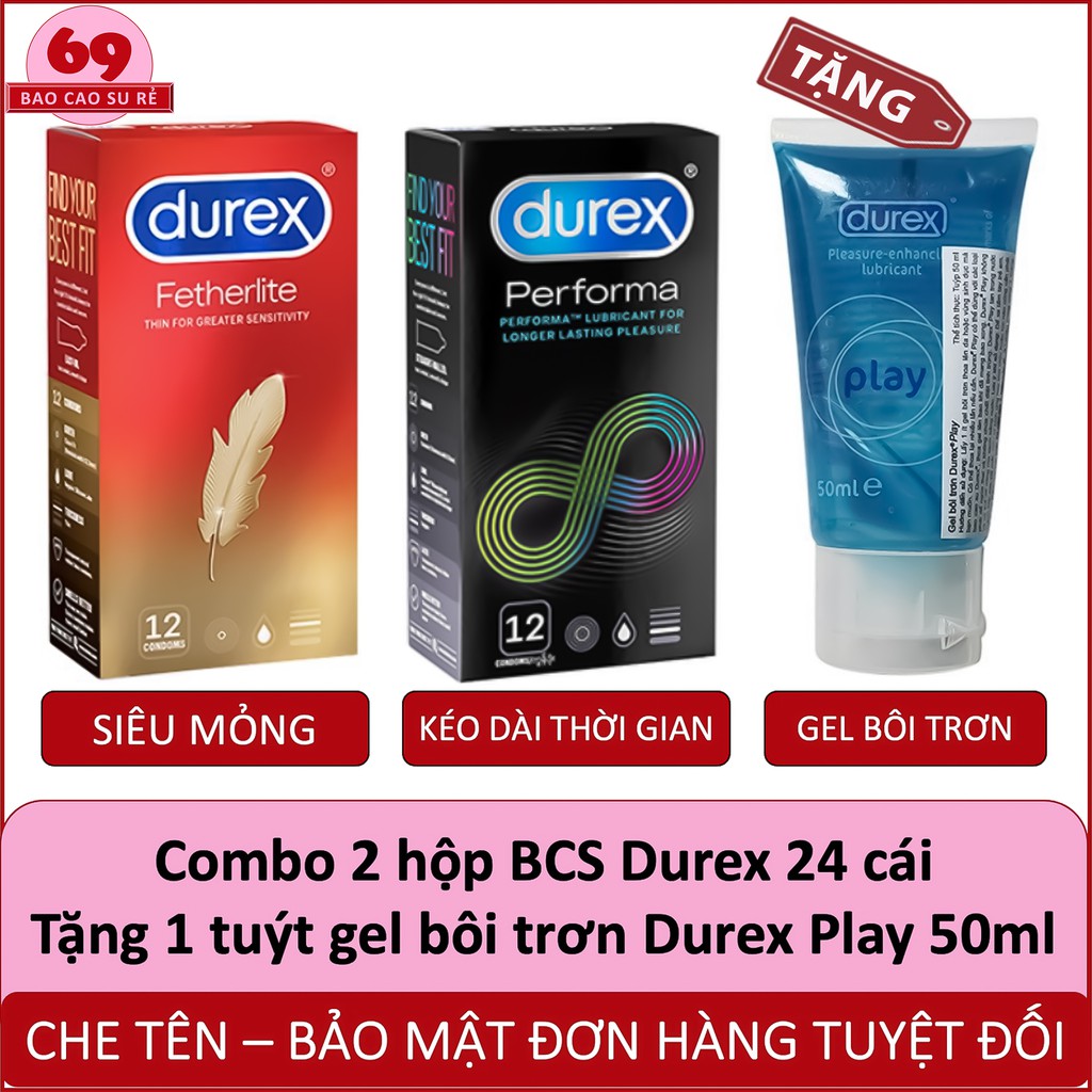 Combo 2 hộp 24 cái bao cao su siêu mỏng durex fetherlite + kéo dài cuộc yêu durex performa + 1 chai gel play