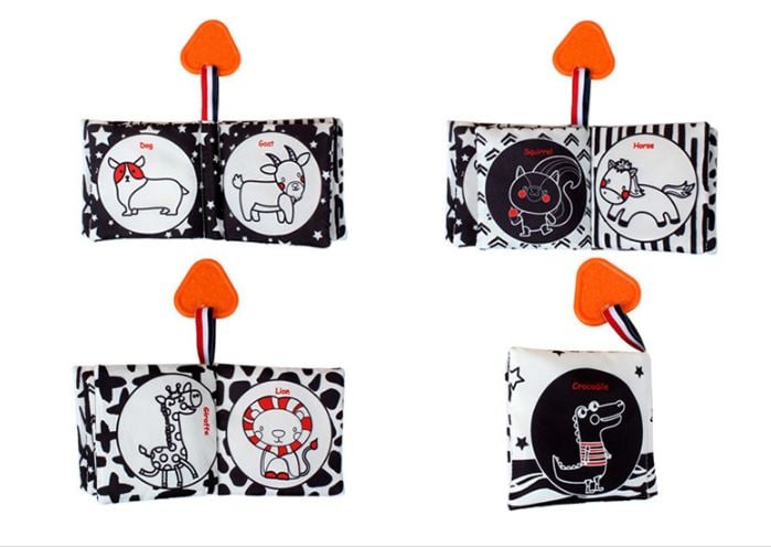 Set 4 sách vải sơ sinh đen trắng màu kích thích thị giác kèm gặm nướu cho bé