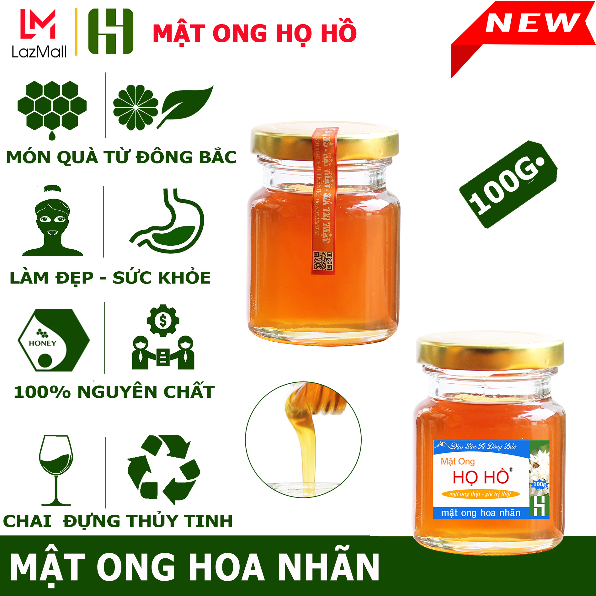 Hũ 100g mật ong hoa Nhãn nguyên chất - hũ thủy tinh - đặc sản cao nguyên Đông Bắc từ hoa nhãn cổ thụ 100 năm tuổi - mật ong Họ Hồ cam kết nguyên chất- mật thật giá trị thật - honey - mat ong new