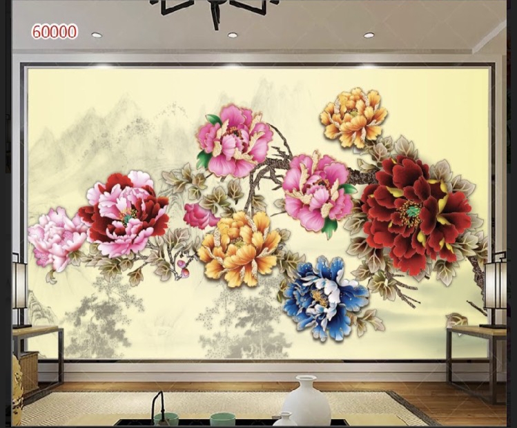 tranh dán tường hoa mẫu đơn 3D in Vải Lụa