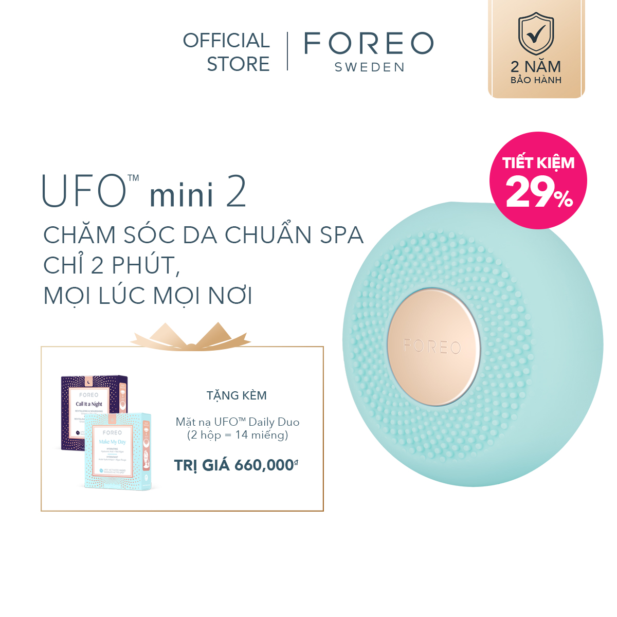 Máy đắp mặt nạ thông minh foreo ufo mini 2 trị liệu bằng nhiệt và đèn led, có thể sạc, bảo hành 2 năm, tương thích với một số mặt nạ foreo ufo - intl
