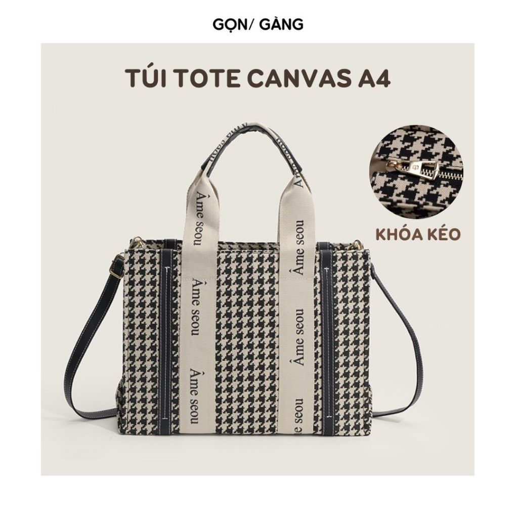 Túi xách tote vải canvas vừa A4 đựng lap top 15inch ipad có khóa kéo dây đeo chéo thời trang công sở du lịch Gọn Gàng