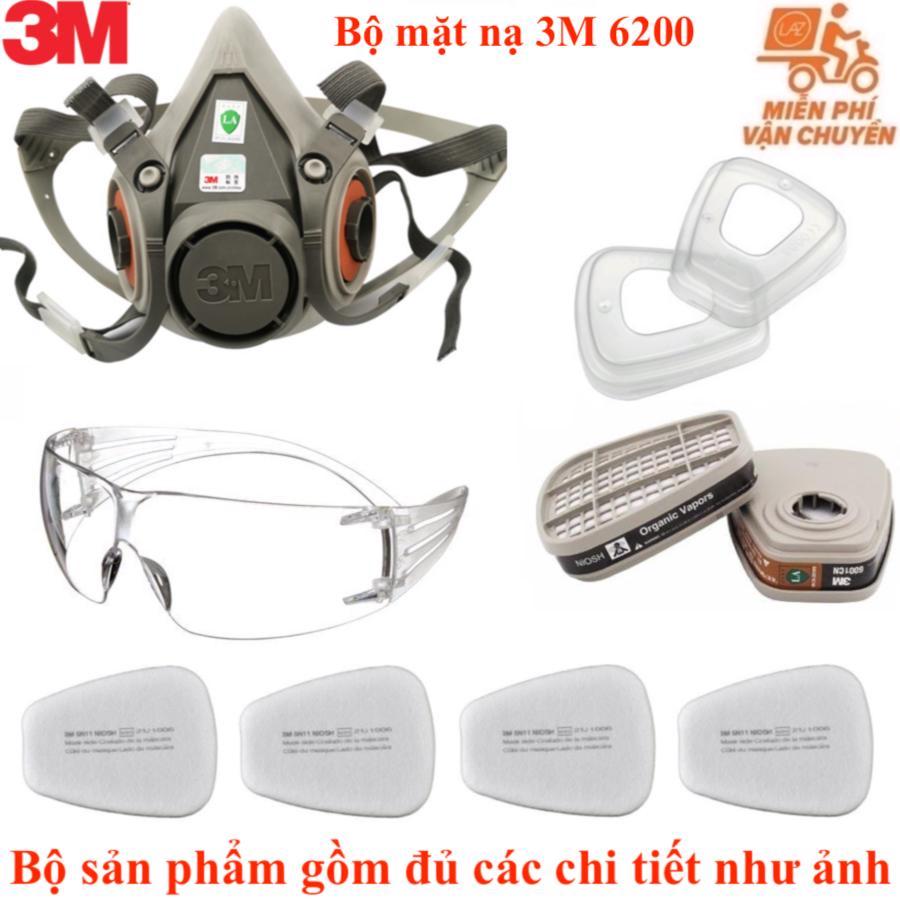 Combo 1 Mặt Nạ Lọc Độc, Phòng Độc, Chống Virus, Chống Khói Độc 3M 6200 Phòng Độc, chống bụi siêu mịn PM2.5, phun sơn, chống bụi bả, phun thuoc sâu kèm, mặt nạ dùng Phin Lọc 6001CN Và 01 Kính Bảo Vệ Mắt 3M 334 hoặc 3M SF201AF cao cấp chính hãng