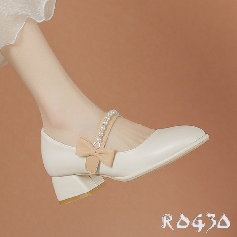 Giày cao gót nữ 4cm đế vuông giày búp bê nữ hàng hiệu Rosata mũi tròn quai ngang chuỗi ngọc RO430