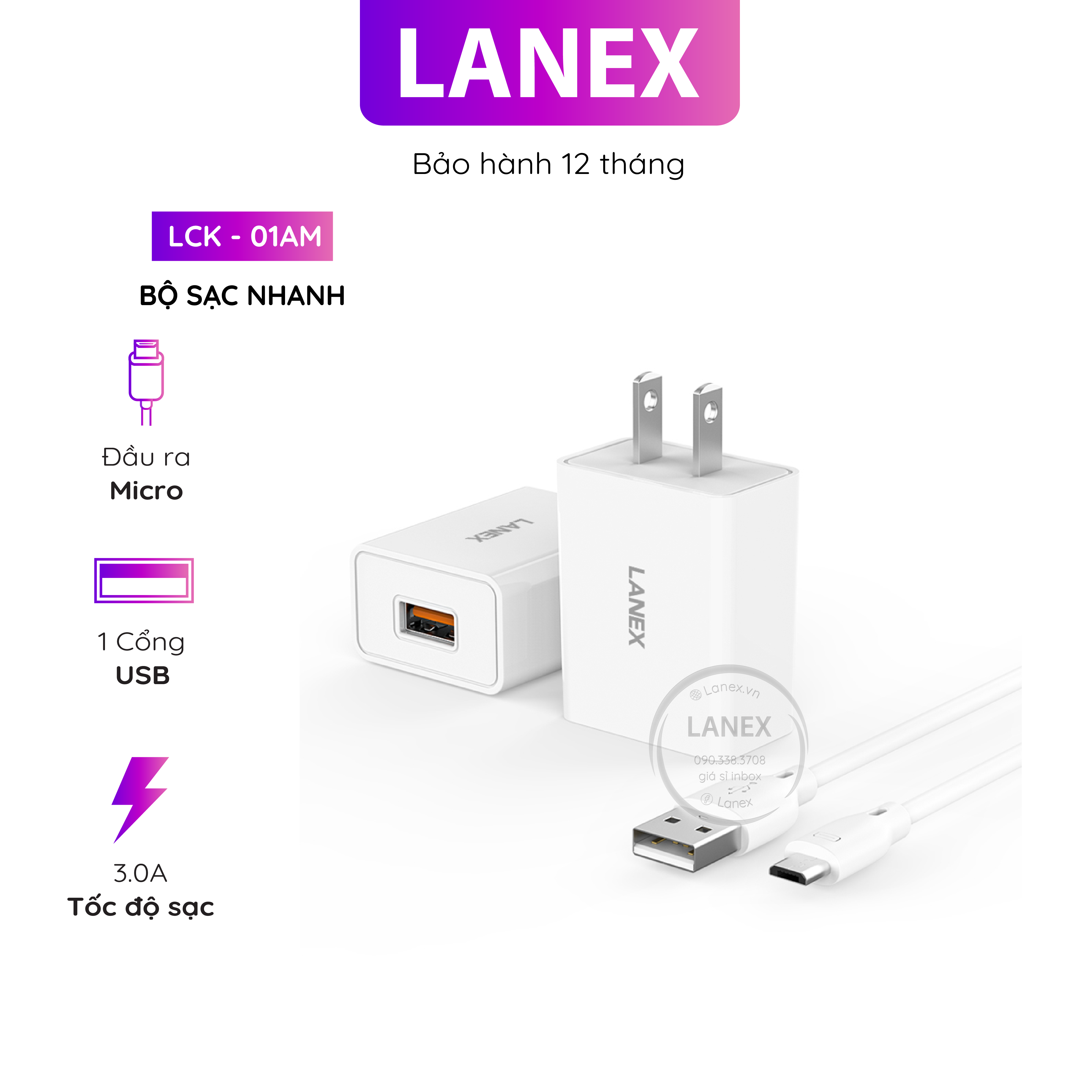 Bộ sạc nhanh lanex lck - 01am 1 cổng usb micro 3.0a dài 1.0m