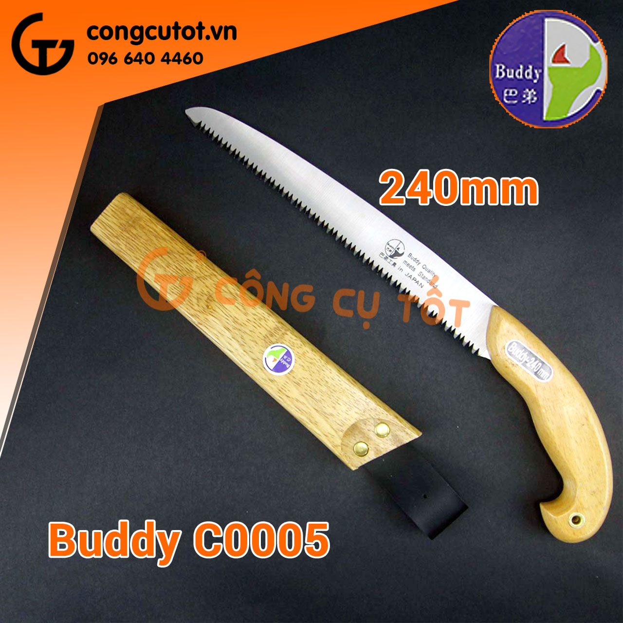 Cưa cắt cành cầm tay Buddy C0005 240mm bao đeo bằng gỗ lưỡi thép nhật SK4