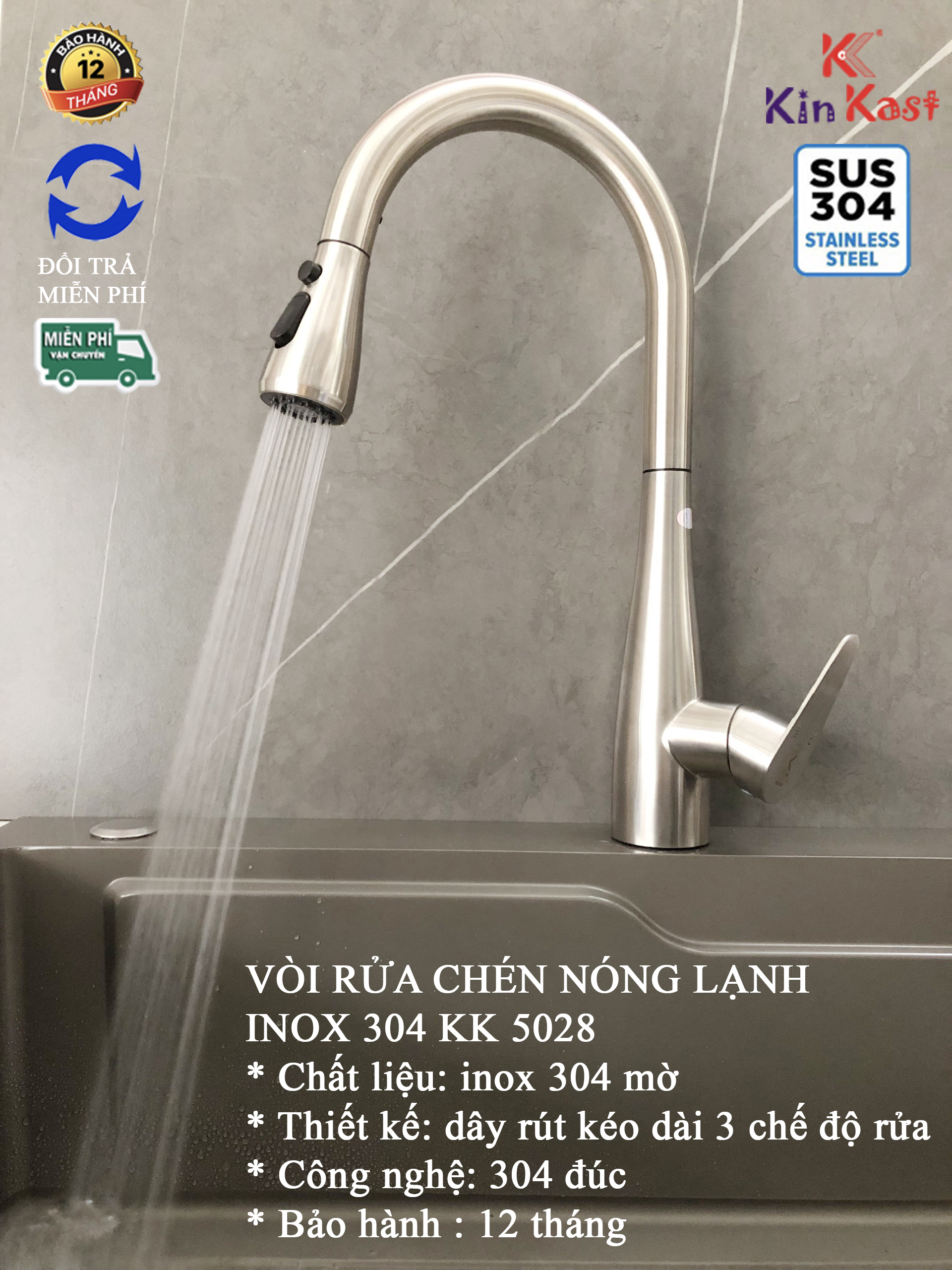 Vòi rửa chén nóng lạnh inox 304+ vòi rửa bát inox dây rút kk5028+ vòi rửa bát inox 304
