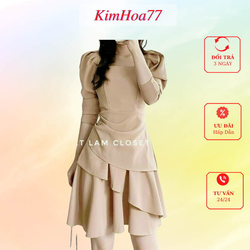 Váy xòe đầm nữ dự tiệc freesize chất umi cổ vuông tay lửng màu nude kimhoa77