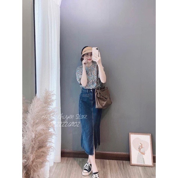 Chân váy bò 1 túi trước xanh đậm xẻ vạt #921