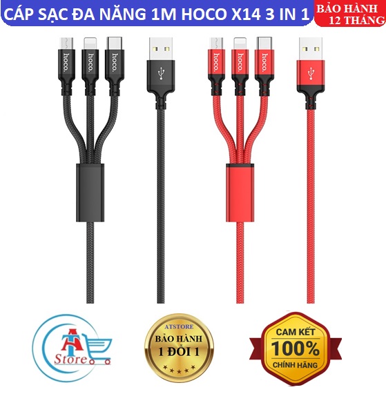 Cáp sạc đa năng dây dù 3 đầu hoco x14 3 in 1 - dài 1m chống đứt, gãy