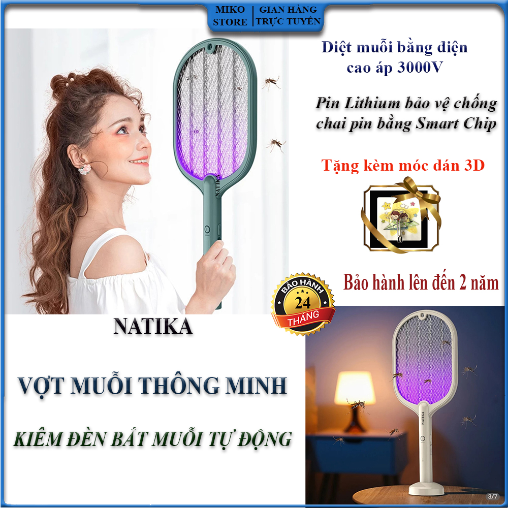 Vợt Muỗi Cầm Tay Kiêm Đèn Bắt Muỗi Tự Động Natika. Công Nghệ Smart Chip Bảo Vệ Chống Chai Pin Lithium. Điện Áp 3000V. BH 2 Năm