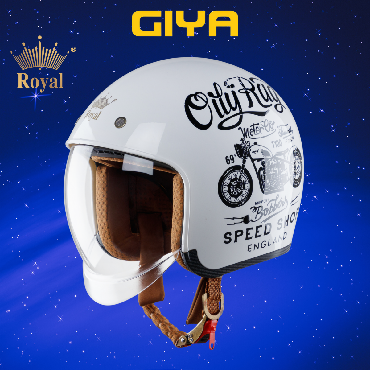 Mũ bảo hiểm 3/4 Royal M139 kính âm V5 màu trắng bóng, kính khói trà che nắng, bụi, mưa, nhiều size dành cho cả nam và nữ - Giya Helmet