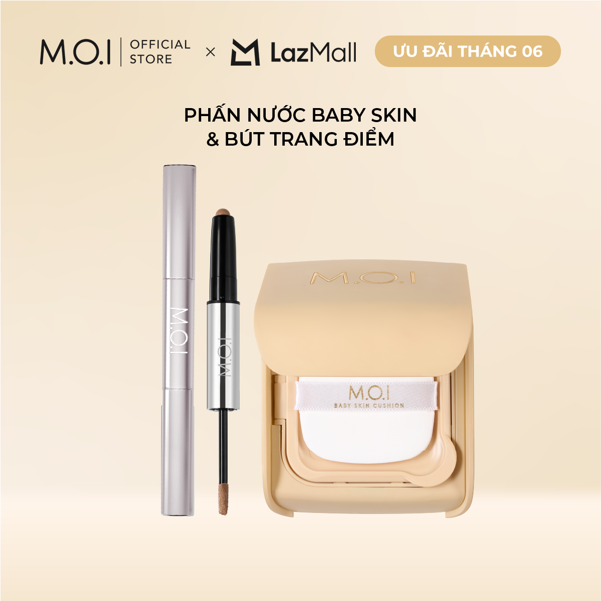 Bộ đôi MOI phấn nước Baby Skin Cushion và Bút trang điểm 2 đầu