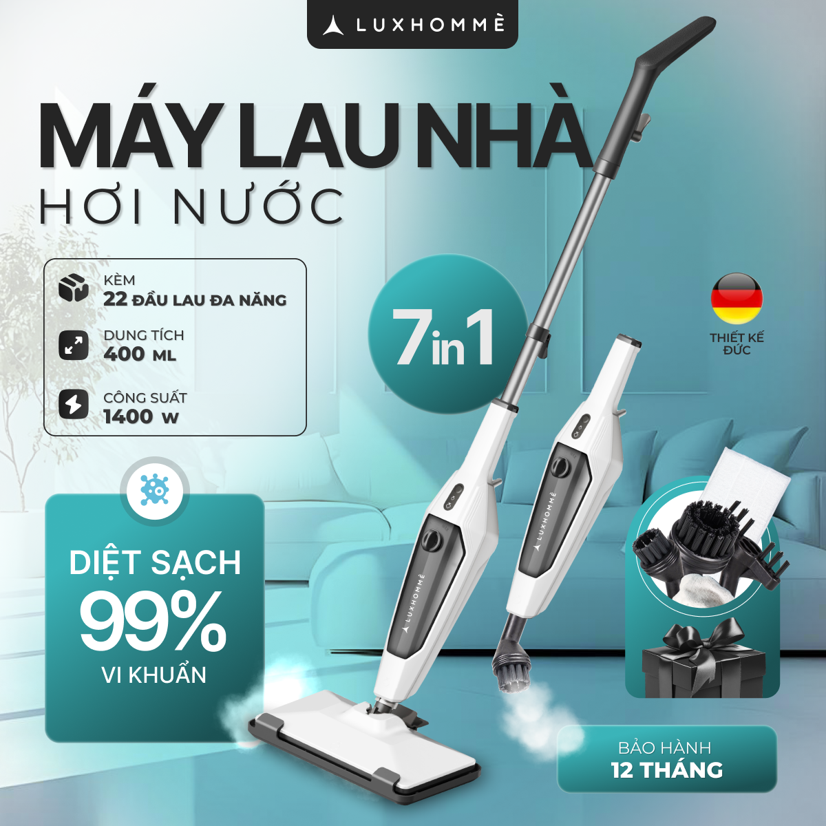 Máy Lau Nhà Hơi Nước LUXHOMME EcoSteam Pro | Hơi Nước 120°C, Diệt Khuẩn 99.9% | 1400W | BH 12TH