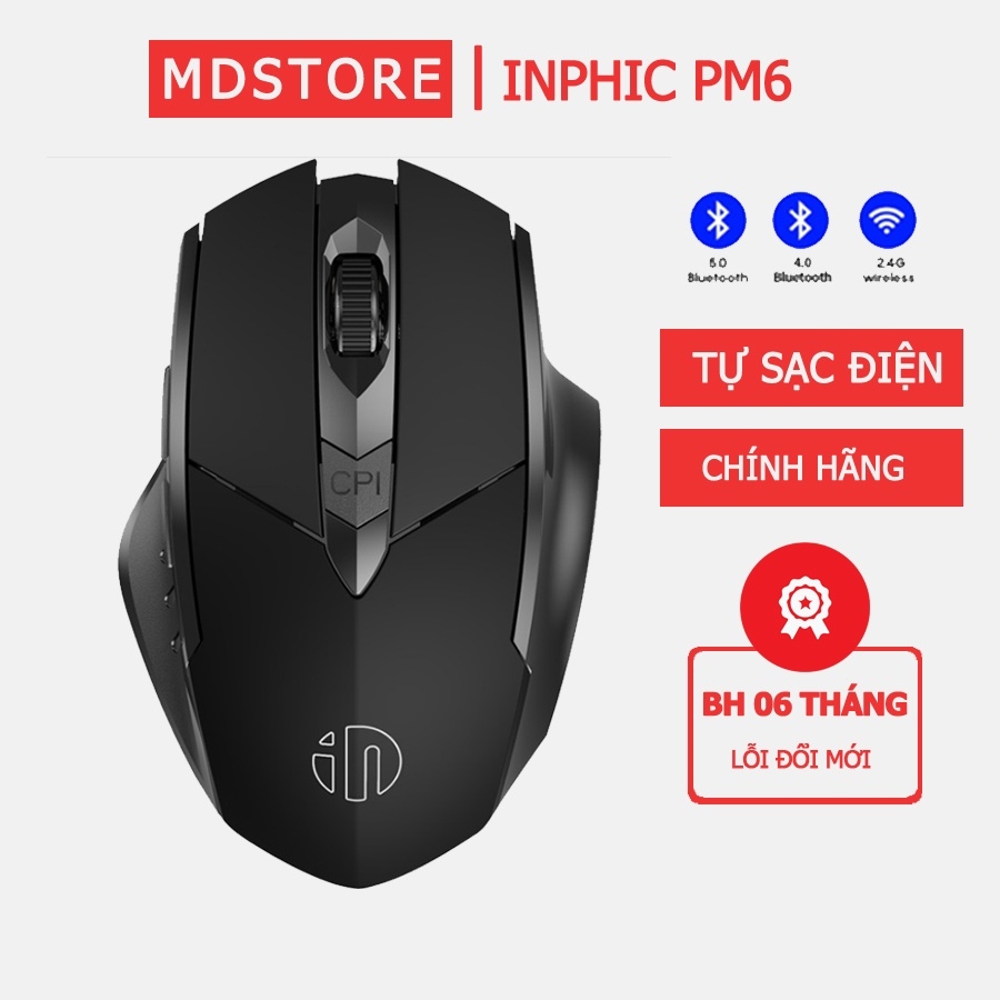 Chuột❖ Chuột không dây bluetooth INPHIC PM6 chính hãng tự sạc không dùng pin điều chỉnh DPI