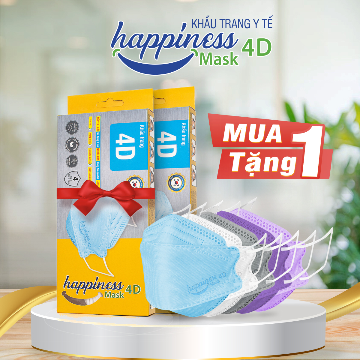 [MUA 1 TẶNG 1] Khẩu trang y tế 4 lớp Happiness 4D Asia Pharma kháng khuẩn cao cấp Hàn Quốc - Hộp 10 cái