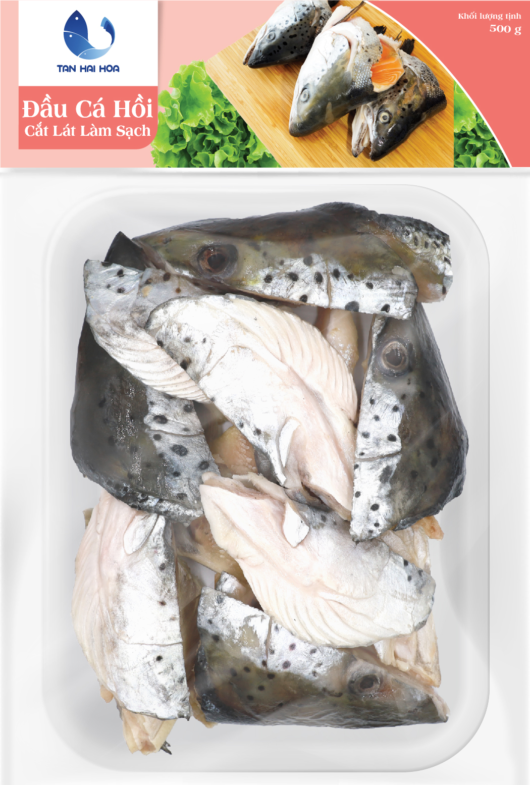 Đầu cá hồi cắt lát làm sạch tân hải hòa khay 500g