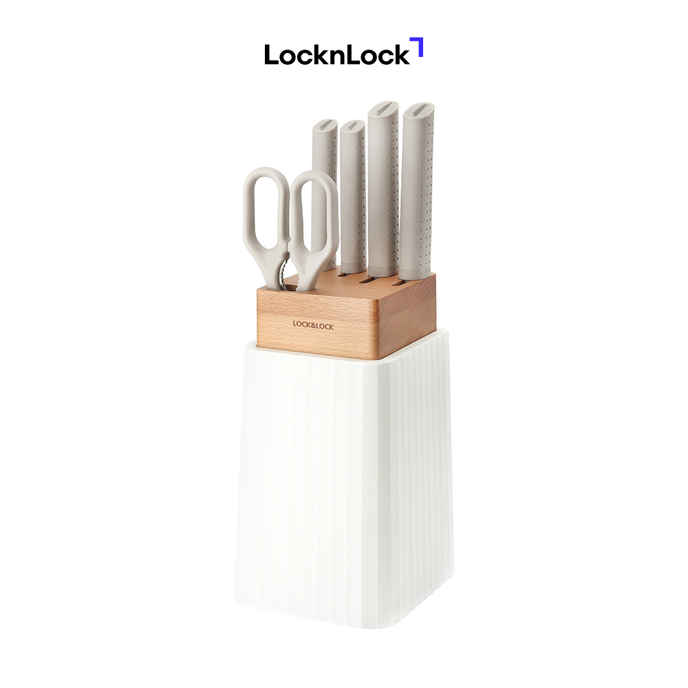 BỘ DAO 6 MÓN Lock&Lock (4 dao 1 kéo 1 hộp đựng dao) - màu trắng - CKK802 - thép không gỉ sắc bén, có kí hiệu trên cán dao