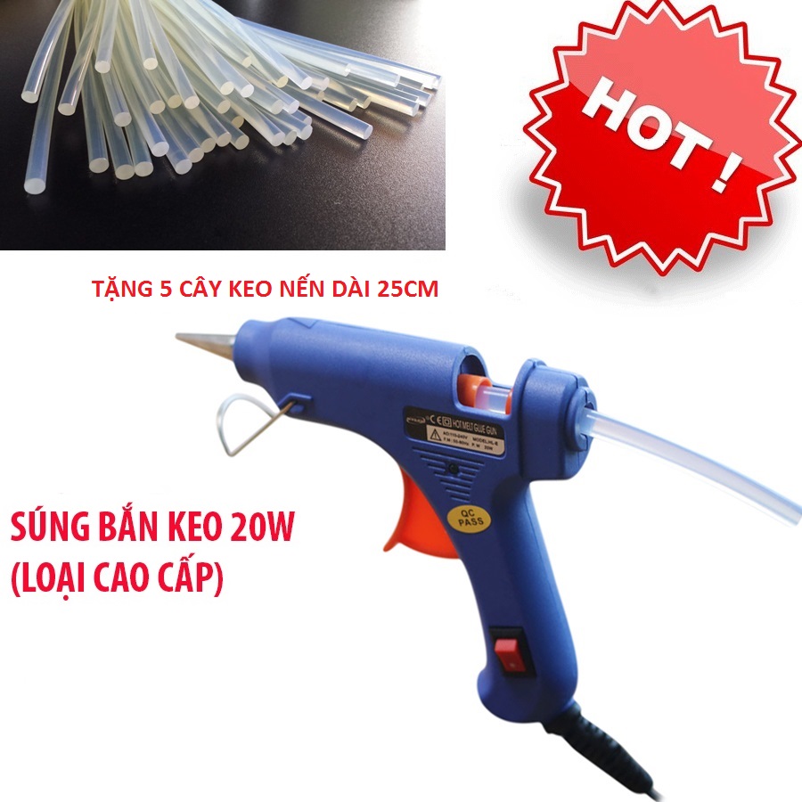 Sún g Bắn Keo nến 20W Xanh Cao Cấp (Tặng Kèm 5 Cây Keo Nến Dài 25cm) - Dụng cụ gắn keo nến