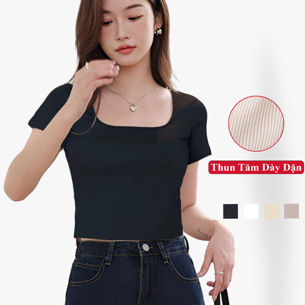 Áo thun croptop nữ cổ vuông nữ ngắn tay dáng ôm MADELA cao cấp, áo croptop cổ vuông tay ngắn chất th