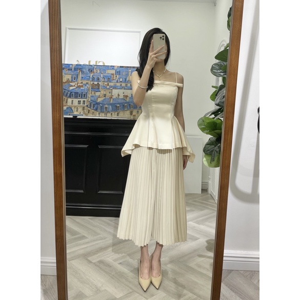 Chân Váy Quạt Dập Ly Midi Vintage