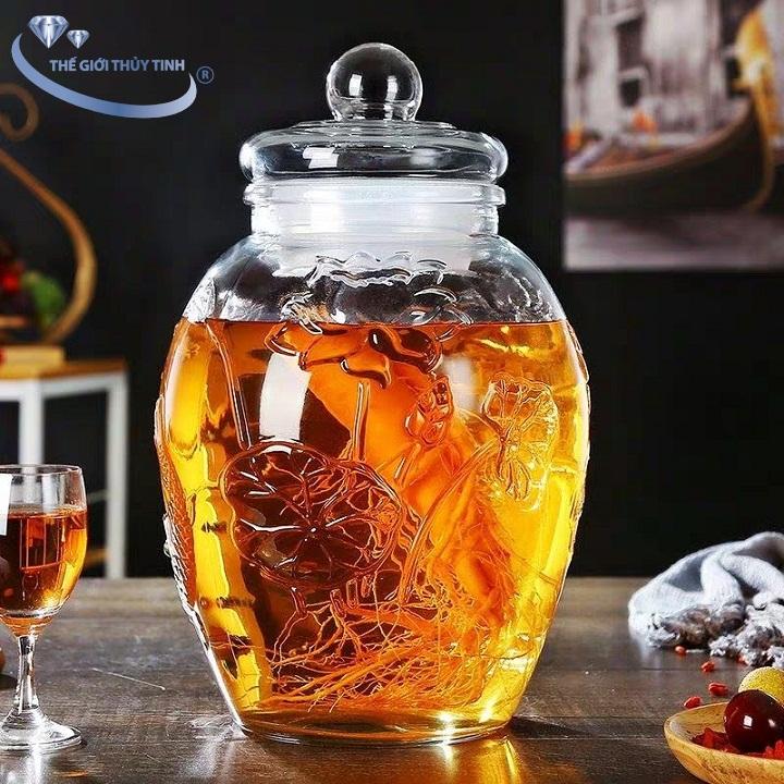 Bình Ngâm Rượu Sâm Thủy Tinh Họa Tiết Sen Cá Chép 6 Lít Không Van