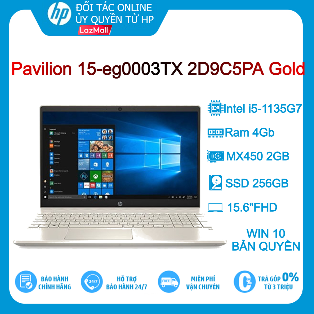 Laptop hp pavilion 15-eg0003tx 2d9c5pa gold i5-1135g7 4gb 256gb 15.6"fhd 2gb win10+office-hàng chính hãng new 100%
