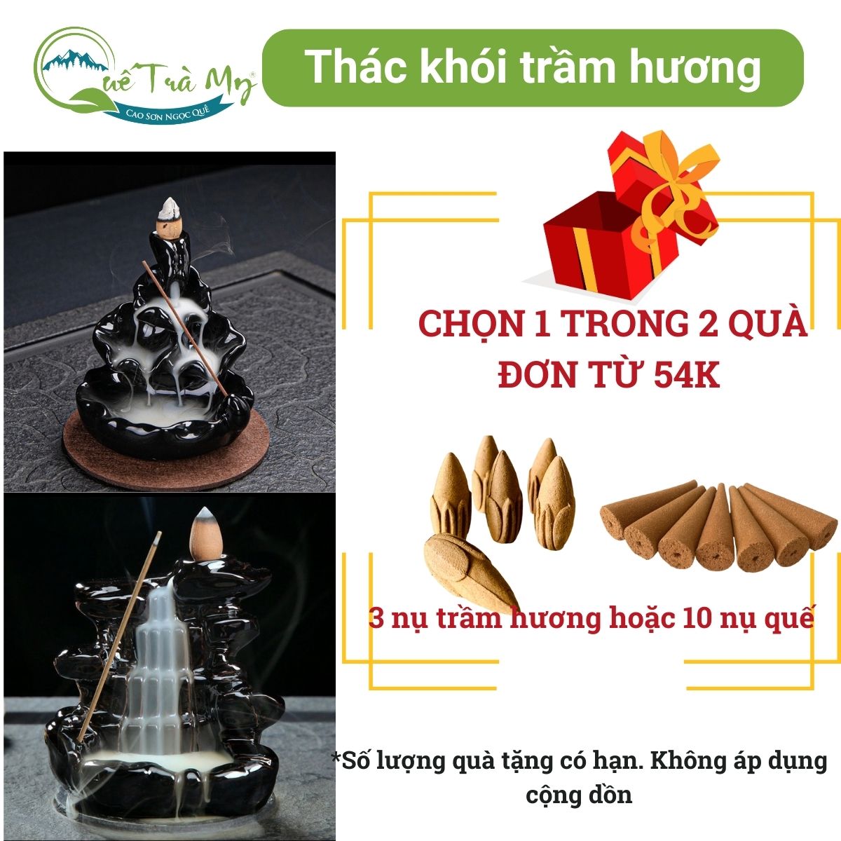 Thác khói trầm hương đốt nhang nụ trầm, nụ quế-Quế Trà My khói ngược, lư xông trầm - đồ thờ cúng thần tài, phong thủy.