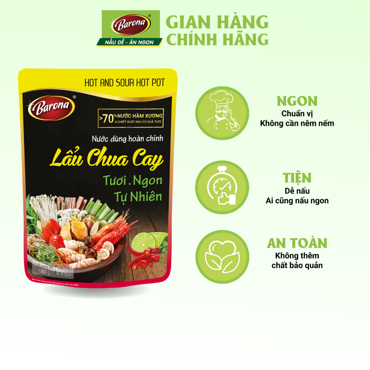 Nước Dùng Lẩu Chua Cay Barona 180g tươi ngon chuẩn vị không cần nêm nếm