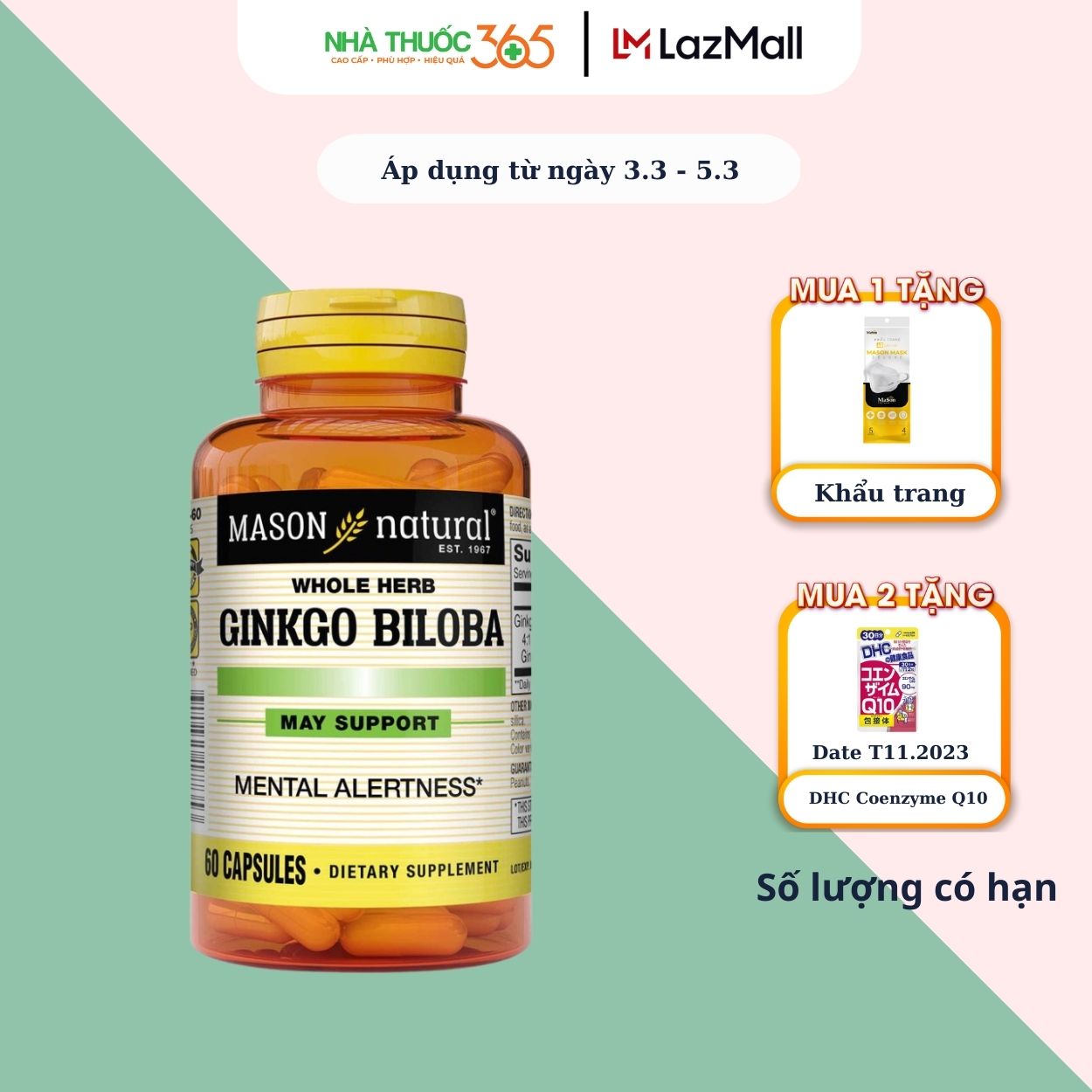 Viên uống mason natural ginkgo biloba hỗ trợ chức năng bộ não, hệ thần kinh 60 viên