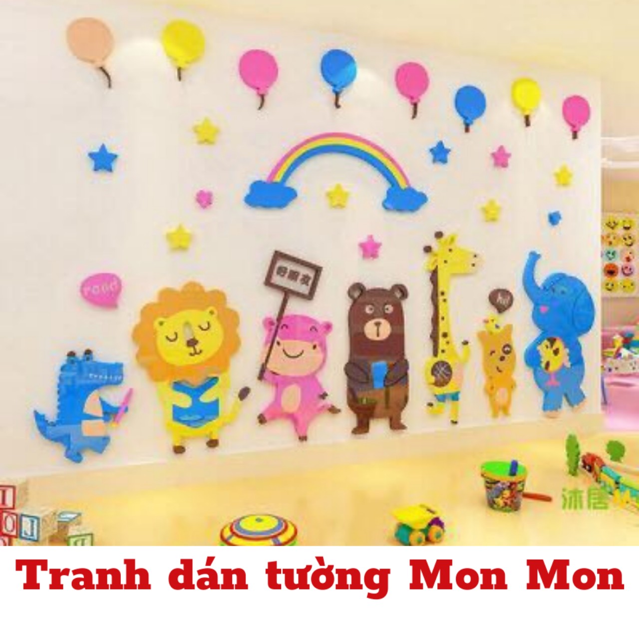 Tranh dán tường Mon Mon - decal mica voi xanh và các bạn cùng học bài, tranh trang trí lớp học cho bé mầm non, tranh dán tường trang trí phòng bé ngộ nghĩnh
