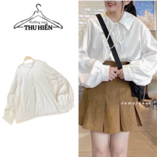 Áo sơ mi trắng cổ PETET buộc nơ tay bồng thanh lịch/ Áo sơ mi nữ form rộng unisex - xuongmaythuhien