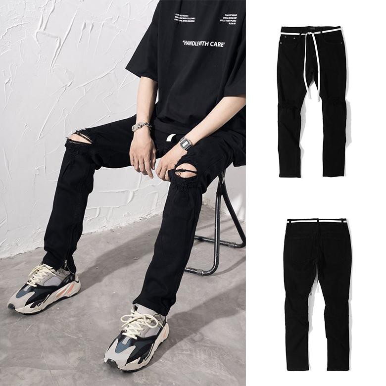 ( Quần Zip Kèm dây) Quần jean nam đen trơn form chất cực đẹp - body (rách gối)