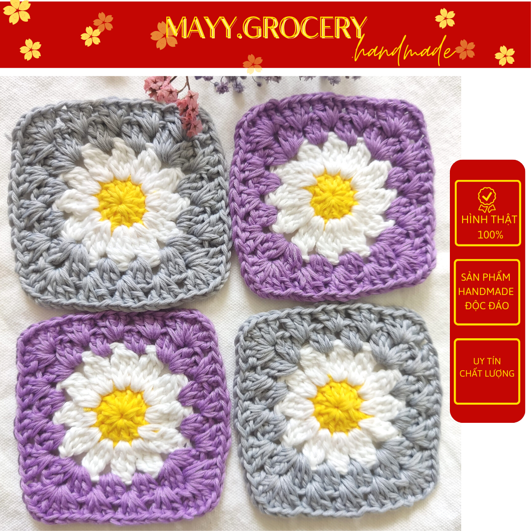 Đế lót cốc, miếng lót ly thấm nước hình hoa cúc họa mi handmade từ vải len dễ thương