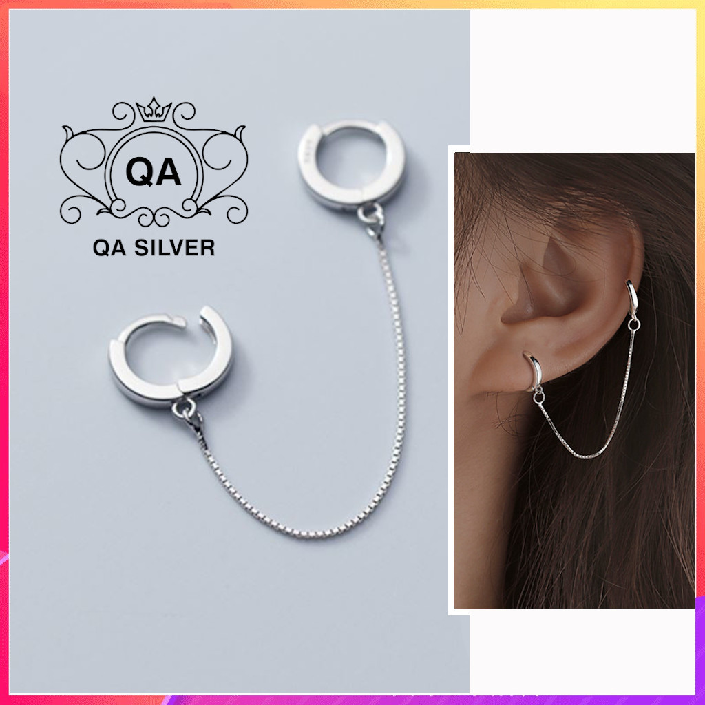 Khuyên tai bạc 925 tròn nối 2 lỗ phối xích bông kẹp vành nam nữ s925 double hoop qa silver earrings ea201201