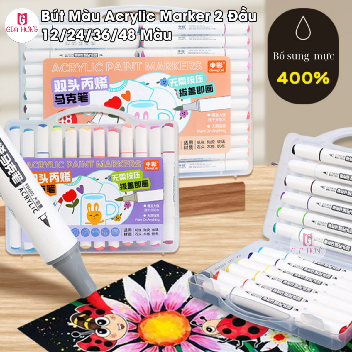 Bút Màu Acrylic Marker 2 Đầu Không Lem 12/24/36/48 Màu Cao Cấp - Màu Sắc Tươi Sáng, Đa Dạng