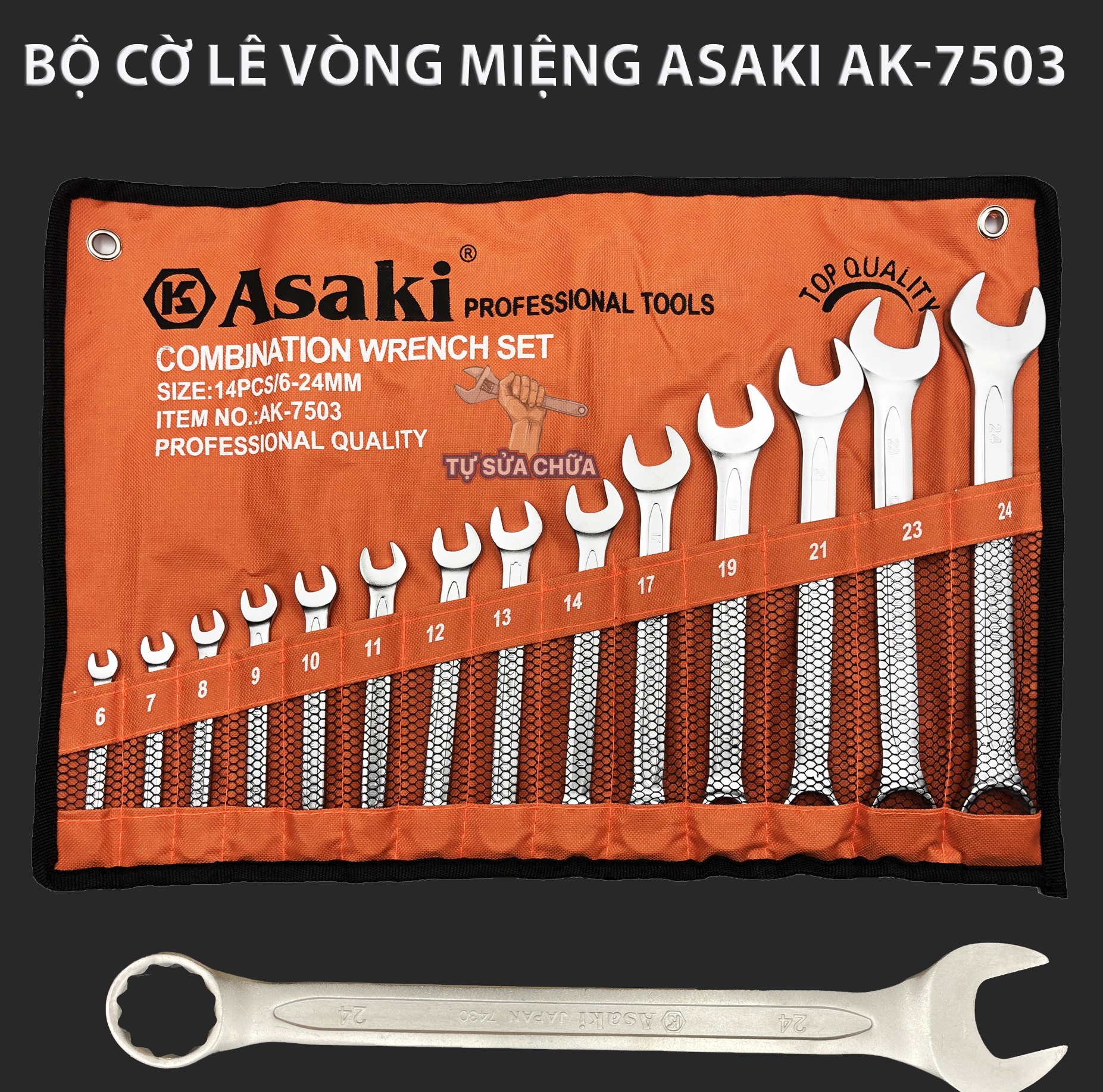 Bộ cờ lê vòng miệng 14 chi tiết Asaki AK-7503 6-24mm chính hãng, nhỏ gọn, bỏ vừa hộp đồ nghề
