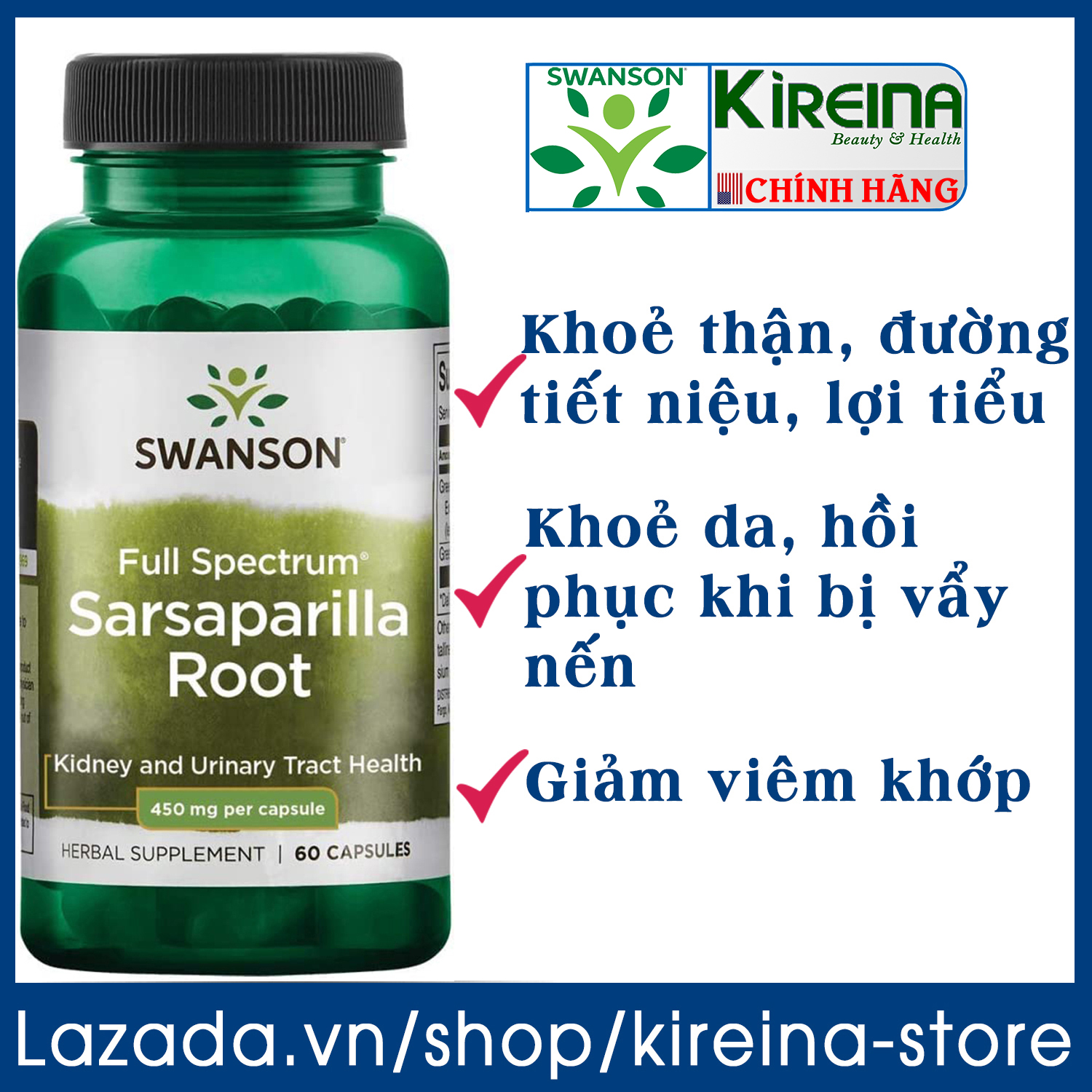 Viên uống Thổ phục linh hỗ trợ sức khỏe thận đường tiết niệu và da Swanson Sarsaparilla Root 60 viên