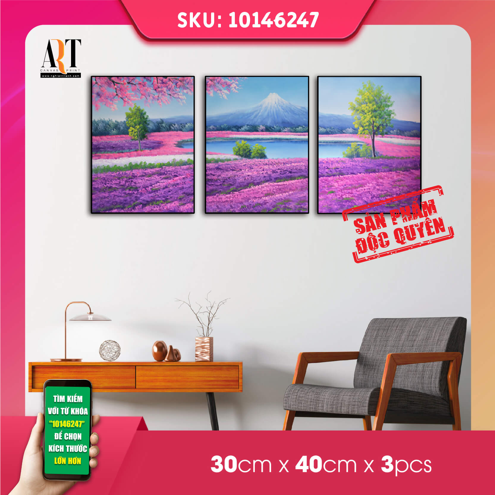 Tranh treo tường cánh đồng hoa dưới núi phú sĩ in trên canvas có khung, trang trí phòng khách, phòng ngủ (#10146247-1)