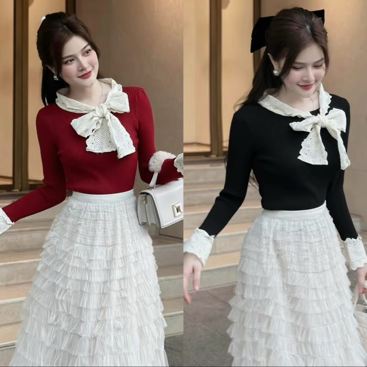 [45-85kg] Áo Thun Nữ Bigsize Tay Dài Cổ Nơ Cách Điệu Phối Ren Mặc Đi Chơi, Du Lịch 45-85kg Múp Xinh