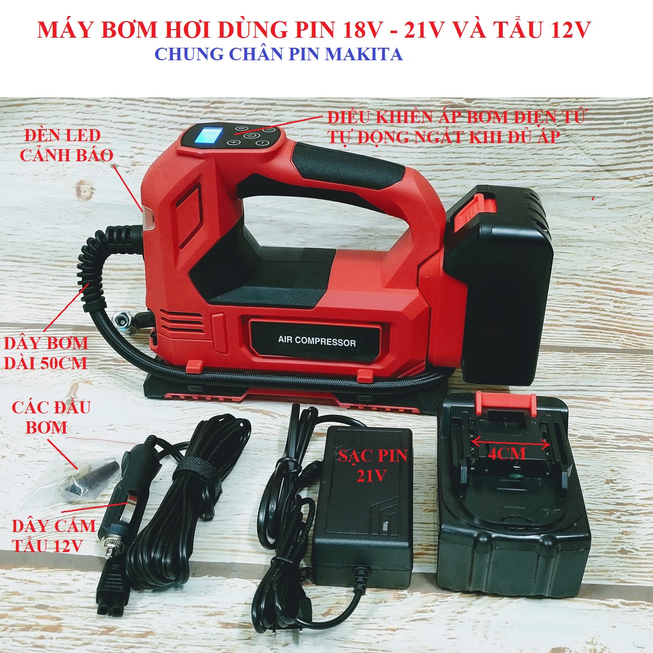 SV Máy bơm hơi dùng pin 18V - 21V tự động (chung chân pin Makita)