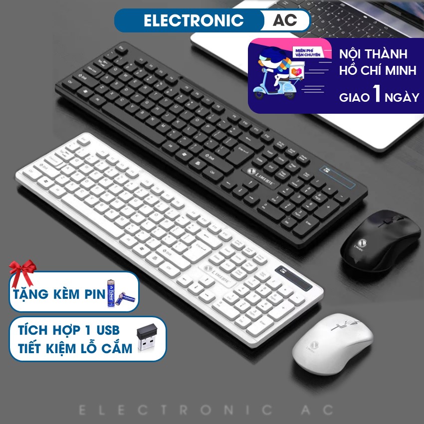 Bàn Phím Không Dây Kèm Chuột Combo USB Wireless 2.4Ghzz | Tặng kèm pin