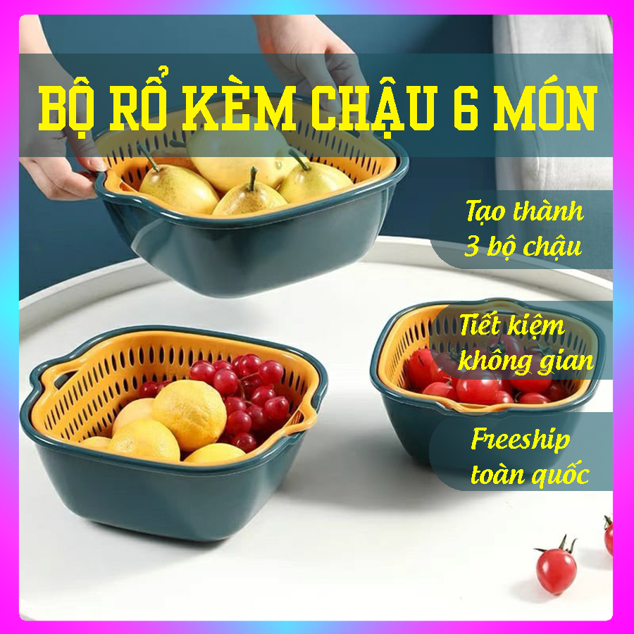 Combo rổ 6 món rổ nhựa 3 rổ và 3 chậu ráo nước cao cấp tiện lợi