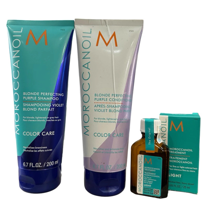 Combo gội xả và tinh dầu khử sắc tố vàng Moroccanoil Blonde Perfecting Purple (2023)
